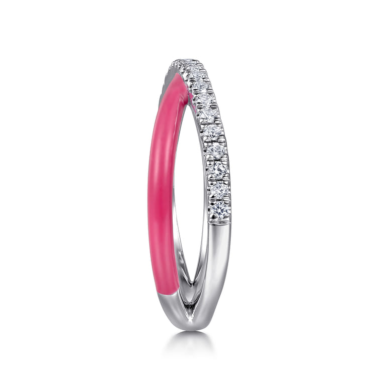 Enamel - 925 Sterling Silver White Sapphire Criss Cross Stackable with Fuschia Enamel - Shot 4