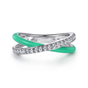Enamel - 925 Sterling Silver White Sapphire Criss Cross Stackable with Mint Green Enamel