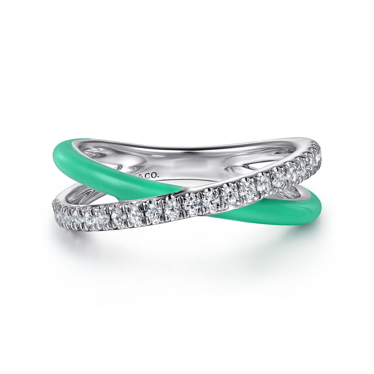 Enamel - 925 Sterling Silver White Sapphire Criss Cross Stackable with Mint Green Enamel - Shot 1