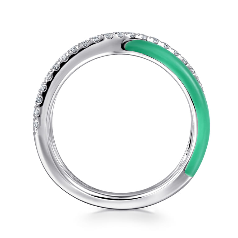Enamel - 925 Sterling Silver White Sapphire Criss Cross Stackable with Mint Green Enamel - Shot 2