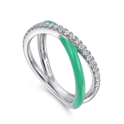 Enamel - 925 Sterling Silver White Sapphire Criss Cross Stackable with Mint Green Enamel