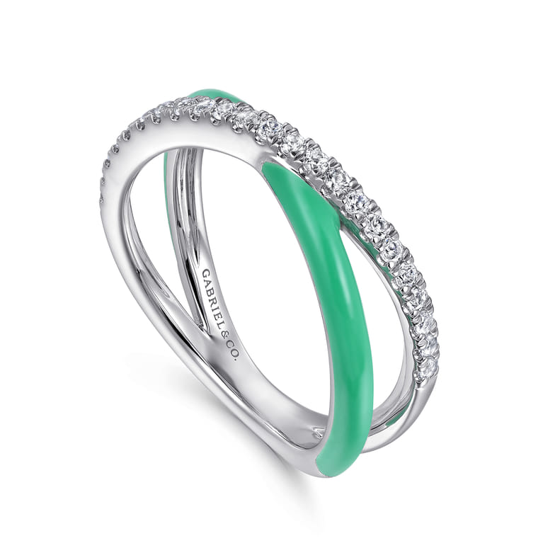 Enamel - 925 Sterling Silver White Sapphire Criss Cross Stackable with Mint Green Enamel - Shot 3