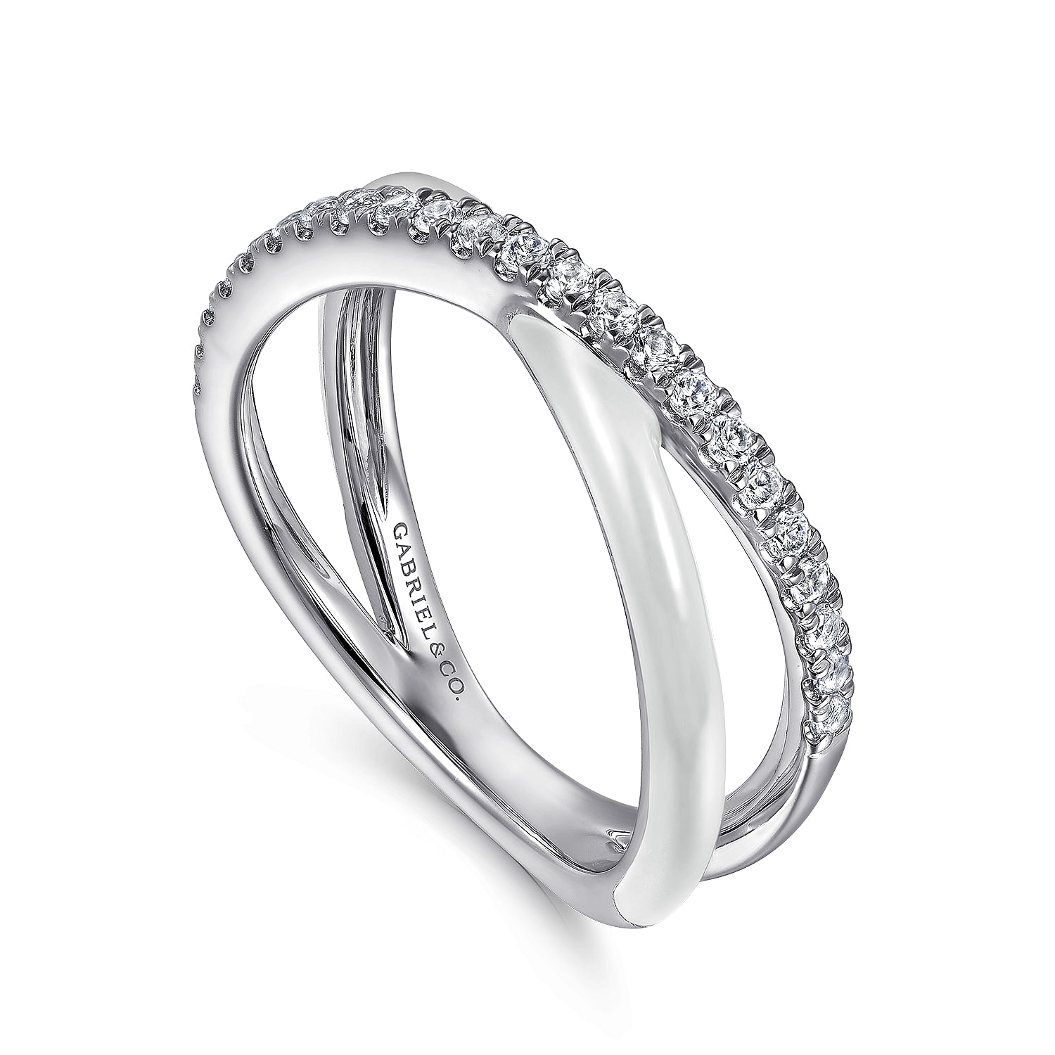 Enamel - 925 Sterling Silver White Sapphire Criss Cross Stackable with White Enamel