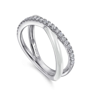Enamel - 925 Sterling Silver White Sapphire Criss Cross Stackable with White Enamel