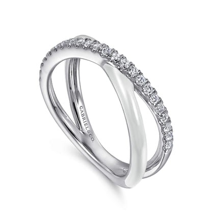 Enamel - 925 Sterling Silver White Sapphire Criss Cross Stackable with White Enamel