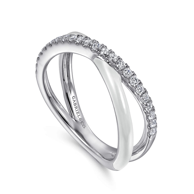 Enamel - 925 Sterling Silver White Sapphire Criss Cross Stackable with White Enamel - Shot 3