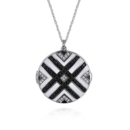 Enamel - 925 Sterling Silver White Sapphire and Black Spinel with White Enamel Locket