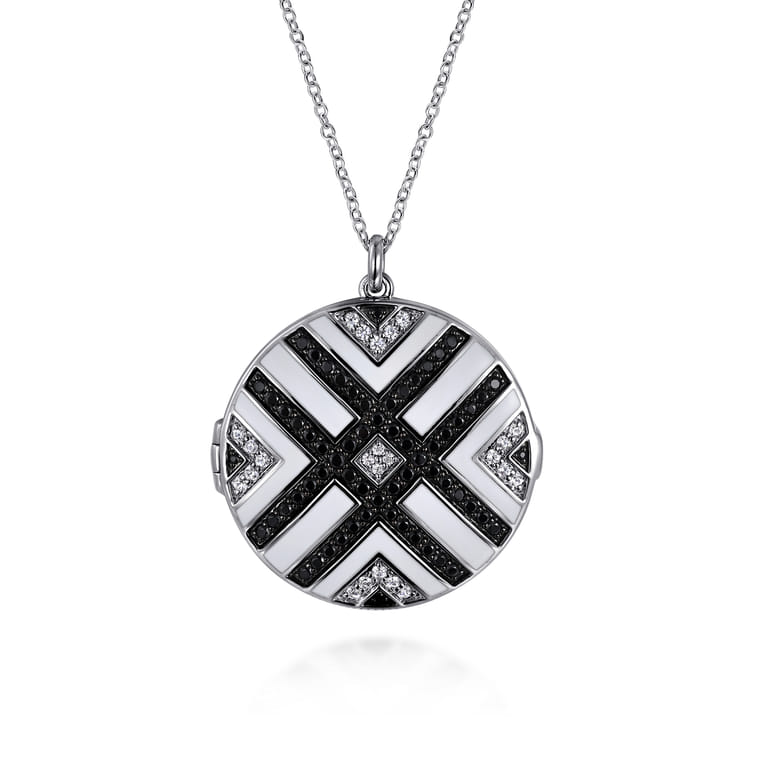 Enamel - 925 Sterling Silver White Sapphire and Black Spinel with White Enamel Locket - Shot 1