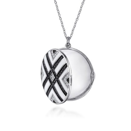 Enamel - 925 Sterling Silver White Sapphire and Black Spinel with White Enamel Locket