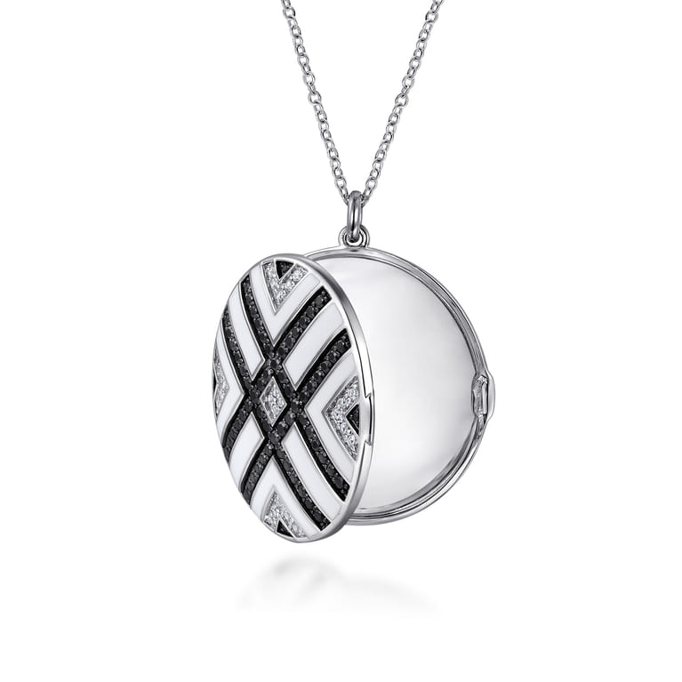 Enamel - 925 Sterling Silver White Sapphire and Black Spinel with White Enamel Locket - Shot 2