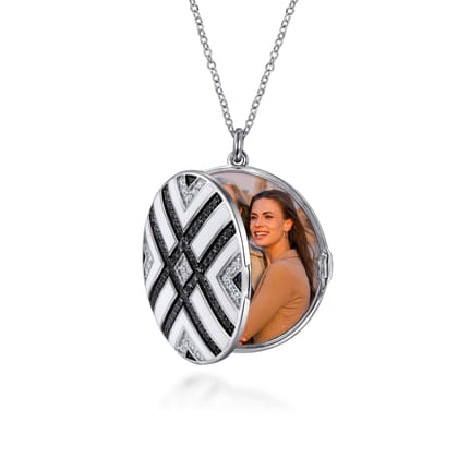 Enamel - 925 Sterling Silver White Sapphire and Black Spinel with White Enamel Locket