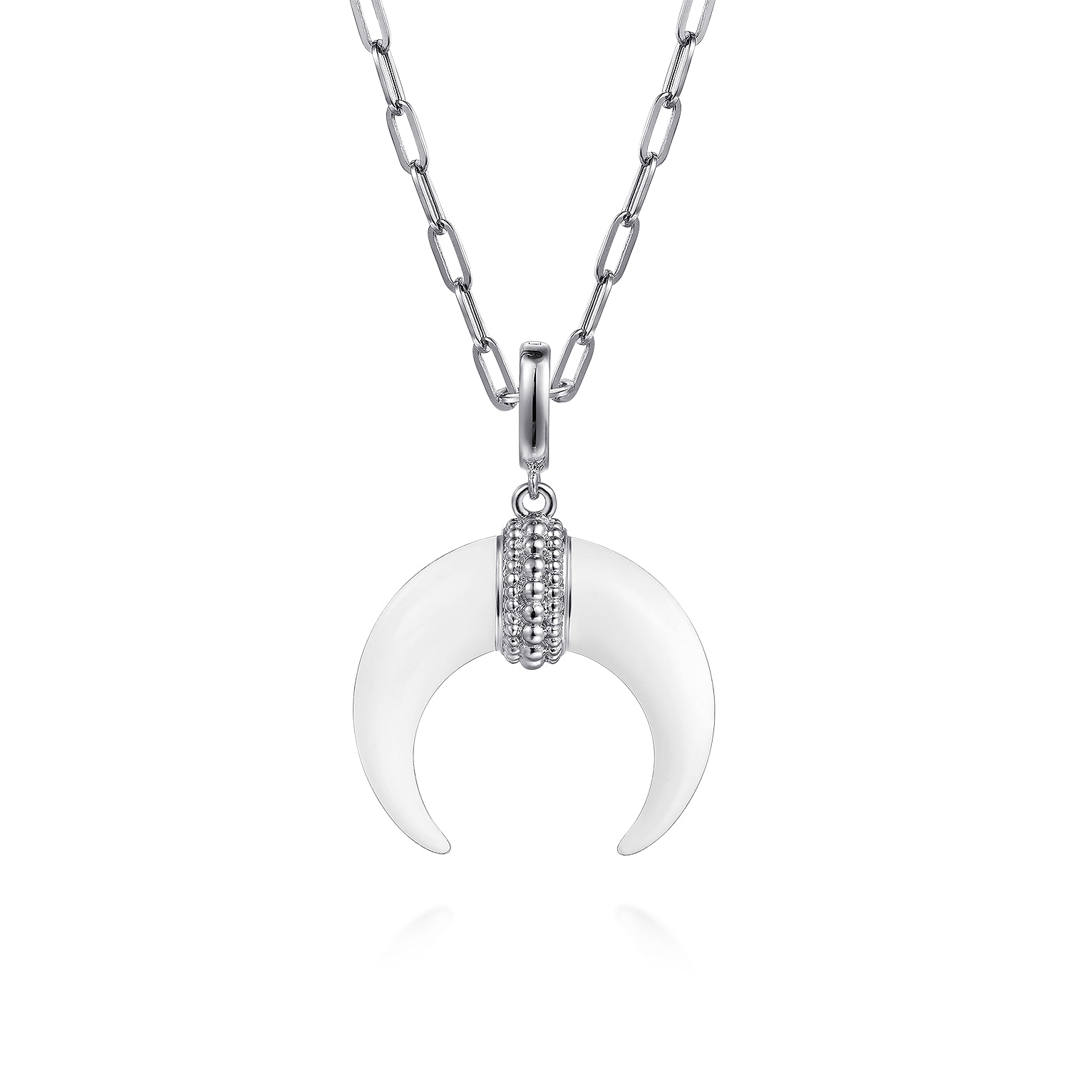 Enamel - 925 Sterling Silver and White Enamel Cow Horn Shape Bujukan Medallion Pendant With Detachable Bail