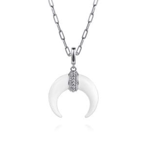 Enamel - 925 Sterling Silver and White Enamel Cow Horn Shape Bujukan Medallion Pendant With Detachable Bail