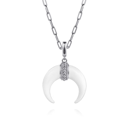 Enamel - 925 Sterling Silver and White Enamel Cow Horn Shape Bujukan Medallion Pendant With Detachable Bail