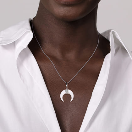 Enamel - 925 Sterling Silver and White Enamel Cow Horn Shape Bujukan Medallion Pendant with Detachable Bail
