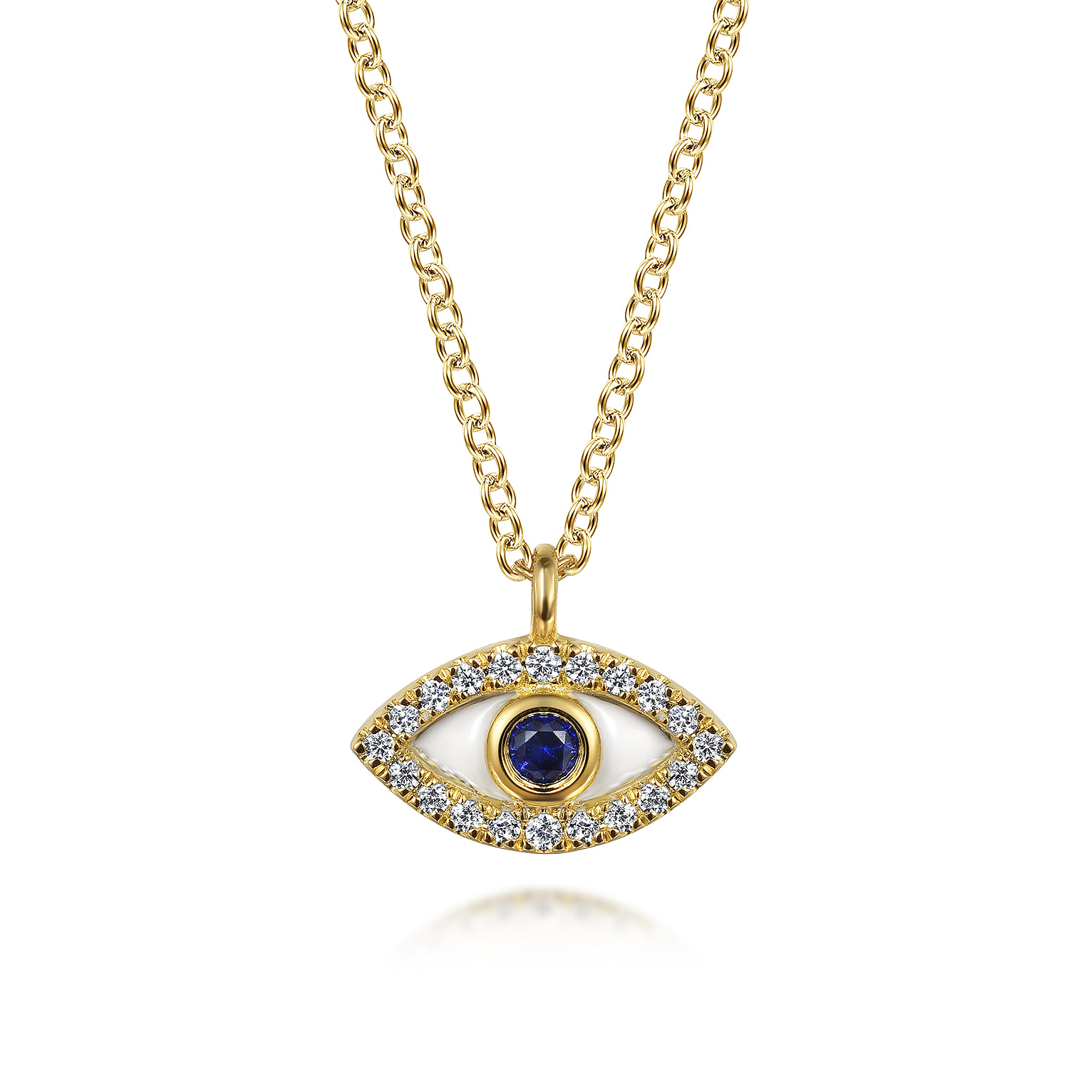 Enamel - Pendant Necklace Evil Eye 14K Yellow Gold Diamond and Blue Sapphire White Enamel 0.08ct