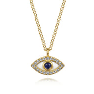 Enamel - Pendant Necklace Evil Eye 14K Yellow Gold Diamond and Blue Sapphire White Enamel 0.08ct
