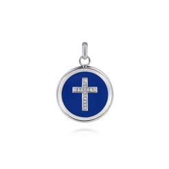 Enamel - Sterling Silver Round Pendant with Admiral Blue Enamel and White Sapphire Cross