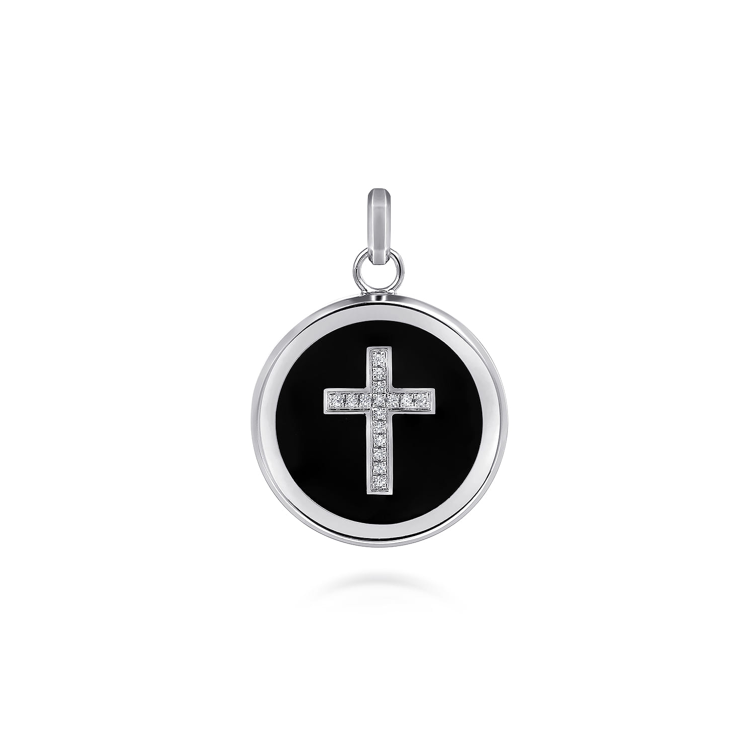 Enamel - Sterling Silver Round Pendant with Black Enamel and White Sapphire Cross