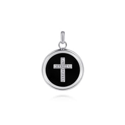 Enamel - Sterling Silver Round Pendant with Black Enamel and White Sapphire Cross