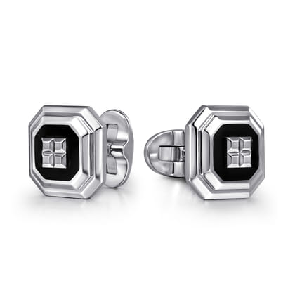 Enamel - Sterling Silver Square Cufflinks With Black Enamel