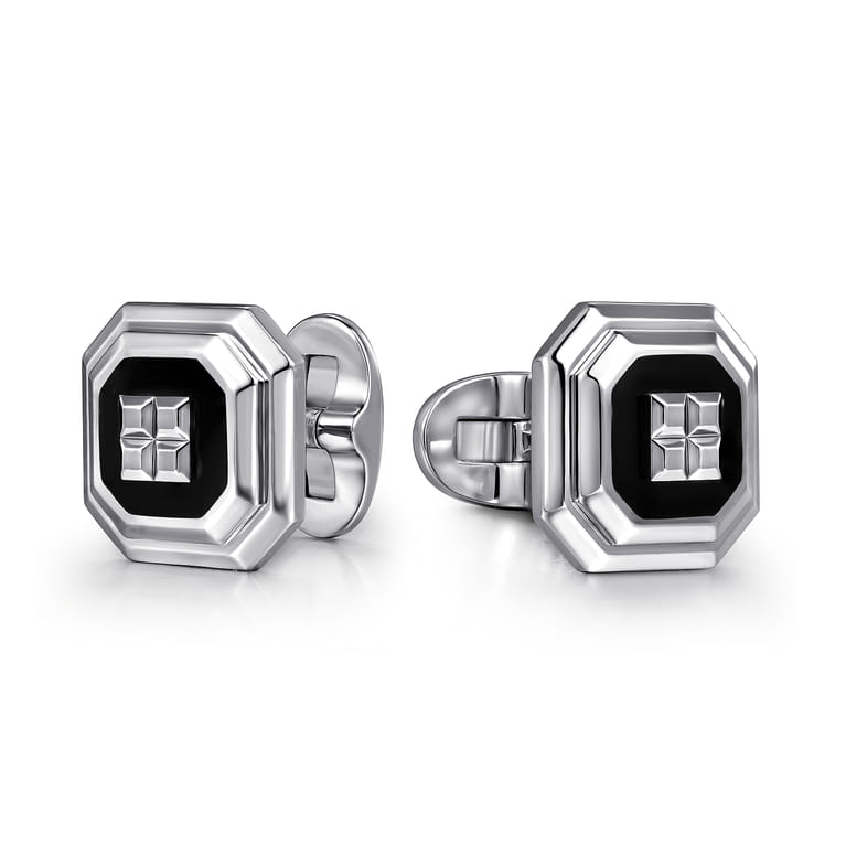 Enamel - Sterling Silver Square Cufflinks With Black Enamel - Shot 1