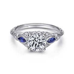 Enchanted - Vintage Inspired 14K White Gold Round Three Stone Sapphire and Diamond Engagement Ring