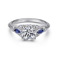 Enchanted - Vintage Inspired 14K White Gold Round Three Stone Sapphire and Diamond Engagement Ring