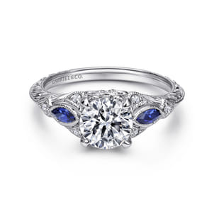 Enchanted - Vintage Inspired 14K White Gold Round Three Stone Sapphire and Diamond Engagement Ring
