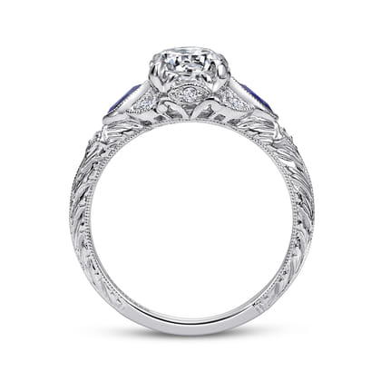 Enchanted - Vintage Inspired 14K White Gold Round Three Stone Sapphire and Diamond Engagement Ring