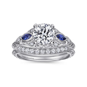 Enchanted - Vintage Inspired 14K White Gold Round Three Stone Sapphire and Diamond Engagement Ring