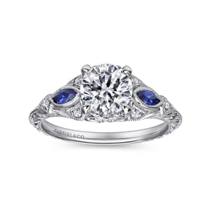 Enchanted - Vintage Inspired 14K White Gold Round Three Stone Sapphire and Diamond Engagement Ring