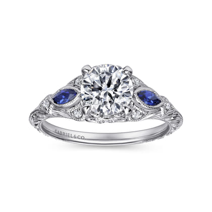 Enchanted - Vintage Inspired 14K White Gold Round Three Stone Sapphire and Diamond Engagement Ring