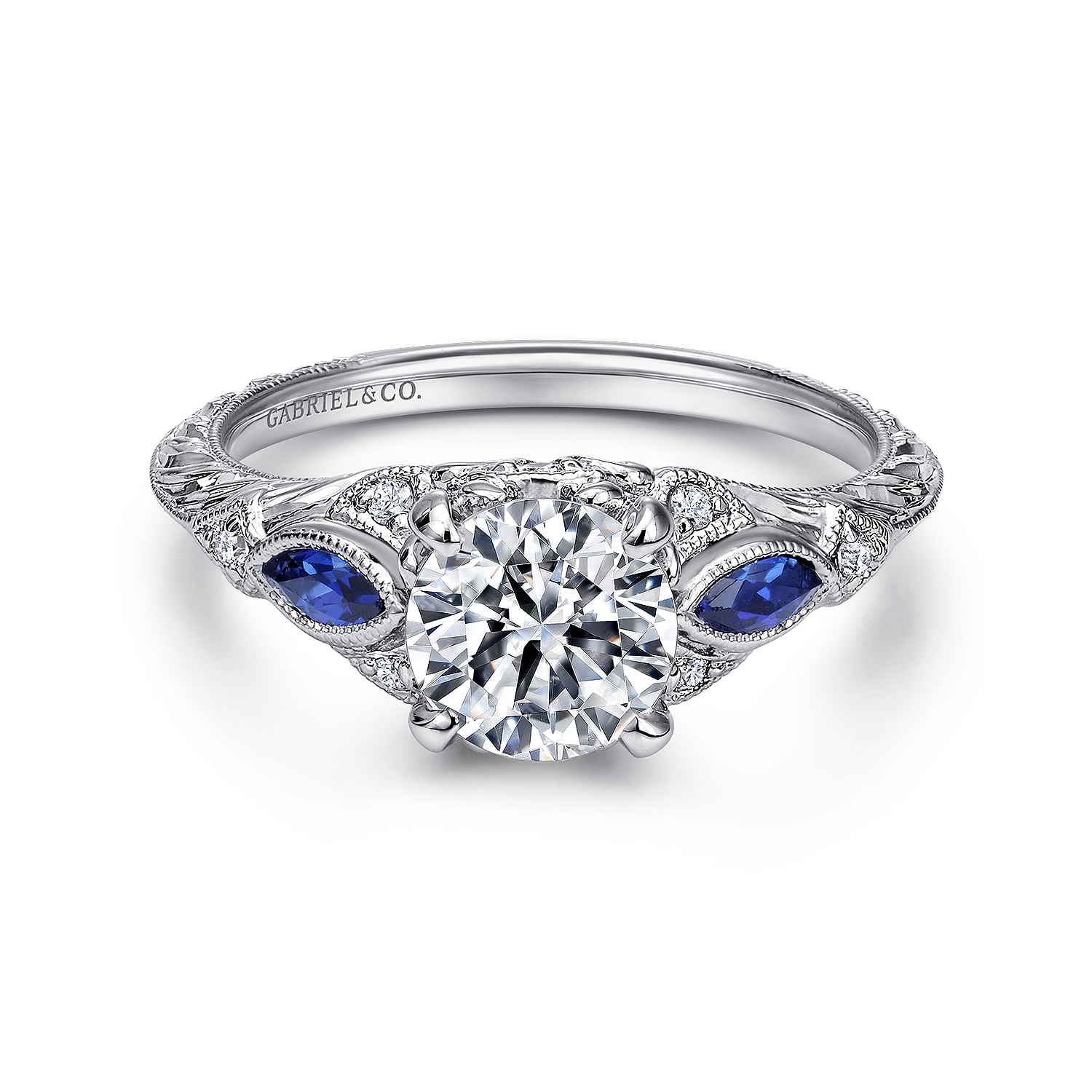 Enchanted - Vintage Inspired Platinum Round Three Stone Sapphire and Diamond Engagement Ring