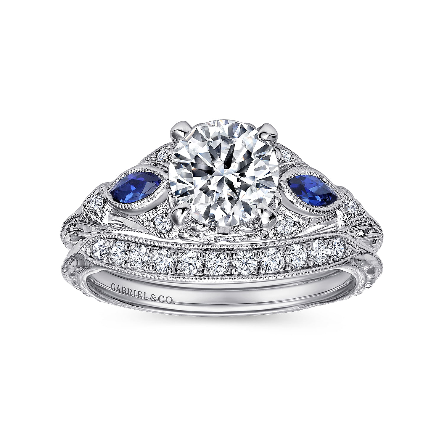 Enchanted - Vintage Inspired Platinum Round Three Stone Sapphire and Diamond Engagement Ring