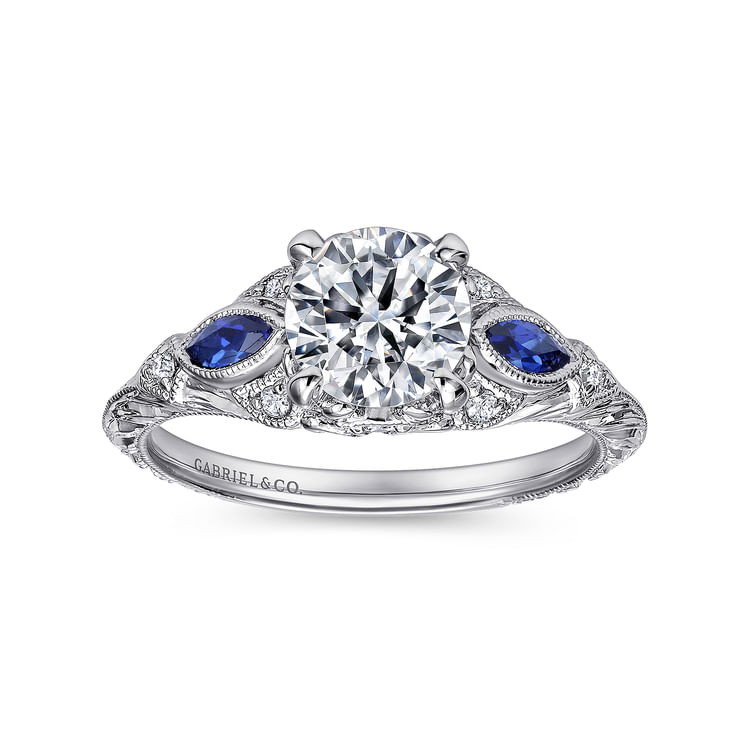 Enchanted - Vintage Inspired Platinum Round Three Stone Sapphire and Diamond Engagement Ring