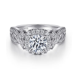  14K White Gold Art Deco Inspired Halo Diamond Engagement Ring