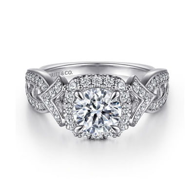 Ensley - 14K White Gold Art Deco Inspired Halo Diamond Engagement Ring