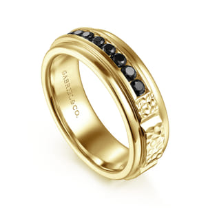 Enzo - 14K Yellow Gold Black Diamond Men's Wedding Ring in Sand Blast Finish