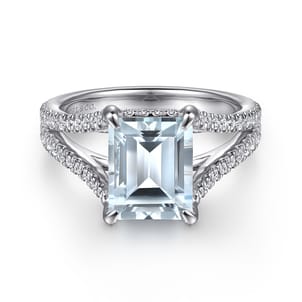 Erika - 14K White Gold Split Shank Emerald Cut Aquamarine and Diamond Engagement Ring
