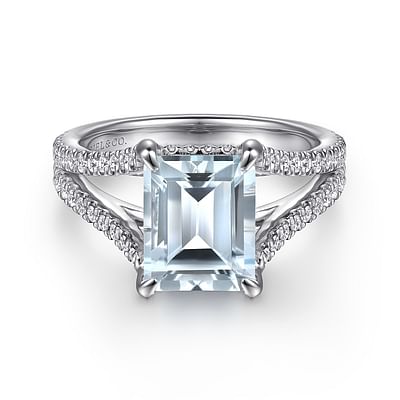 Erika - 14K White Gold Split Shank Emerald Cut Aquamarine and Diamond Engagement Ring