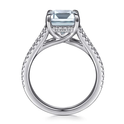 Erika - 14K White Gold Split Shank Emerald Cut Aquamarine and Diamond Engagement Ring