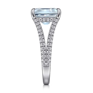 Erika - 14K White Gold Split Shank Emerald Cut Aquamarine and Diamond Engagement Ring