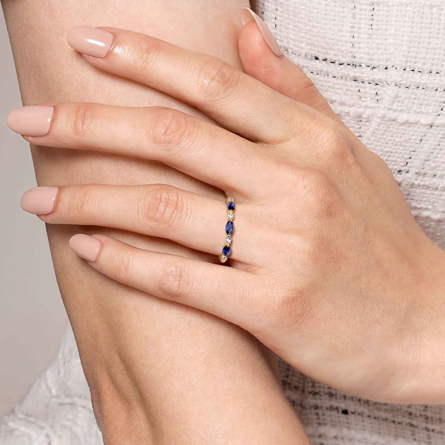 Straight Wedding Ring in 14k Yellow Gold with Marquise Sapphire at Gabriel & Co. - Shot 5