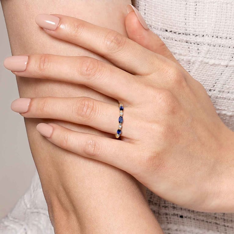 Straight Wedding Ring in 14k Yellow Gold with Marquise Sapphire at Gabriel & Co. - Shot 5