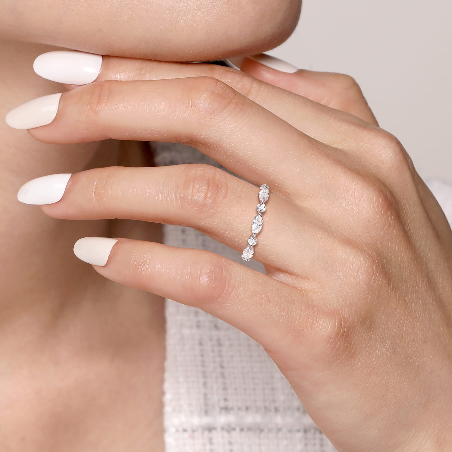 Fancy Wedding Ring in 14k White Gold with Marquise Natural Diamond at Gabriel & Co. - Shot 5