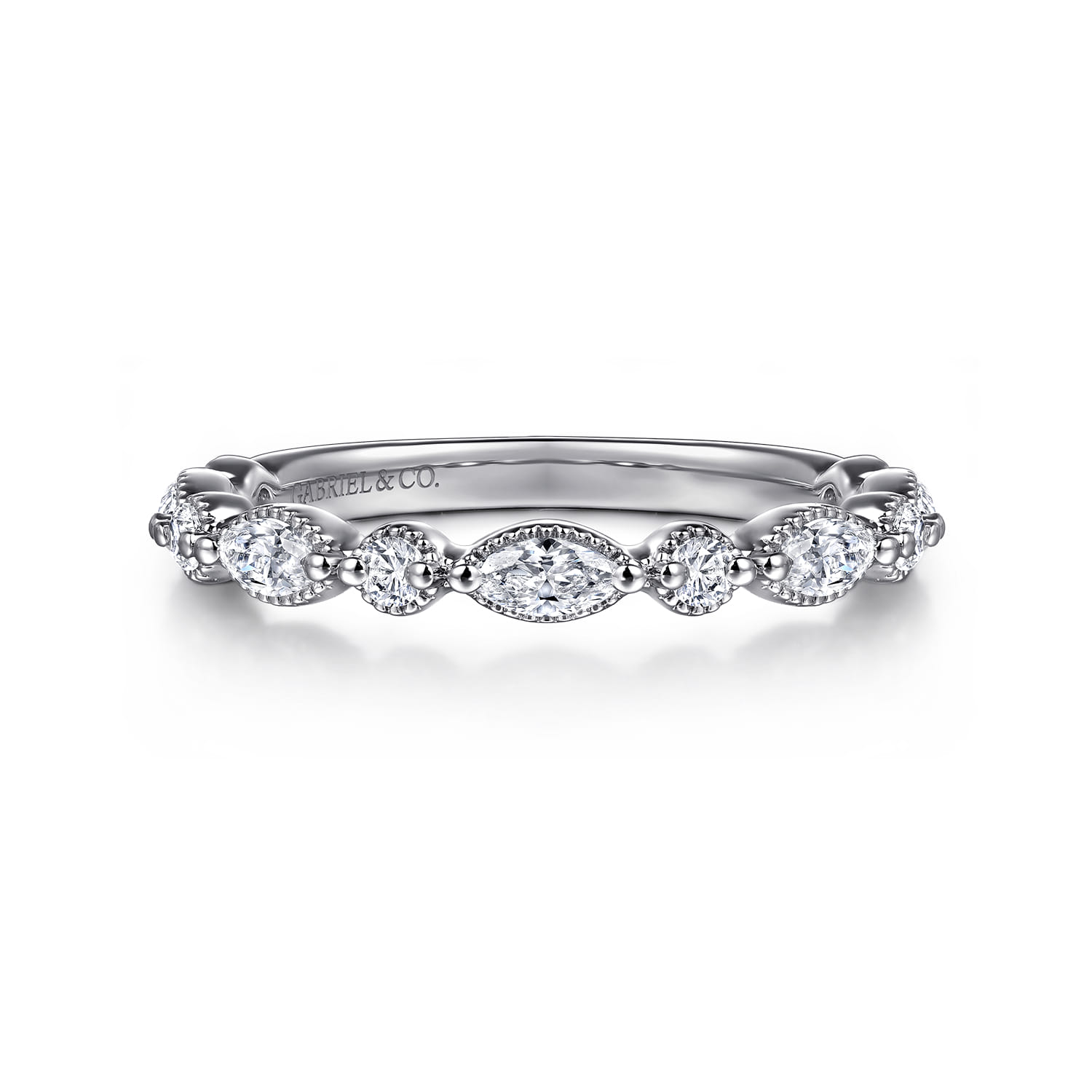 Straight Wedding Ring in 14k White Gold with Marquise Natural Diamond at Gabriel & Co. - Shot 1