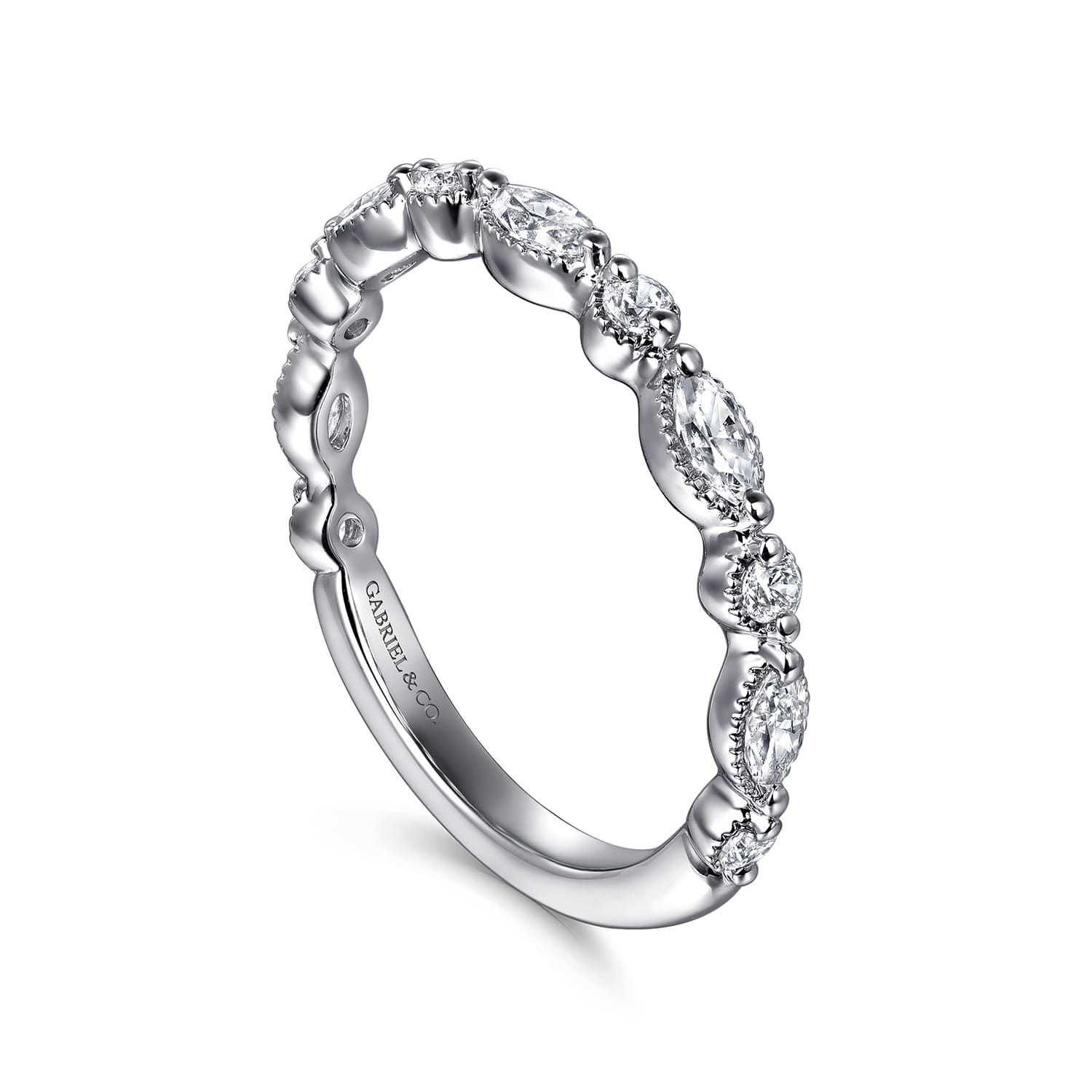 Straight Wedding Ring in 14k White Gold with Marquise Natural Diamond at Gabriel & Co. - Shot 3