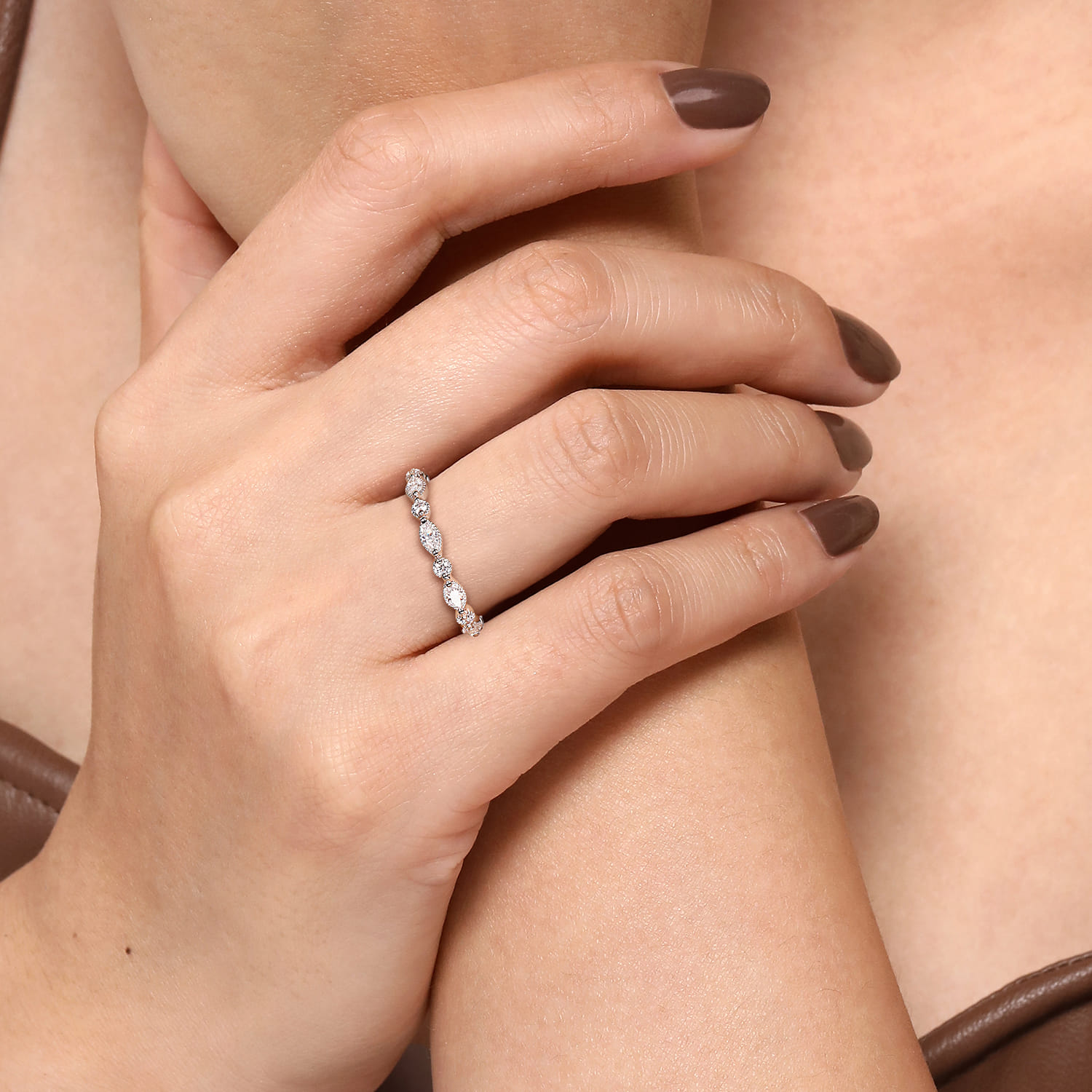 Straight Wedding Ring in 14k White Gold with Marquise Natural Diamond at Gabriel & Co. - Shot 5