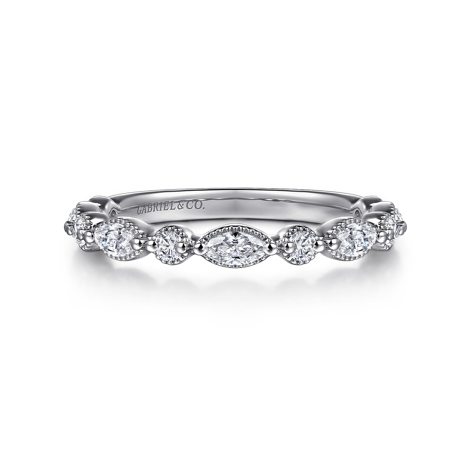 Straight Wedding Ring in 14k White Gold with Marquise Natural Diamond at Gabriel & Co. - Shot 1